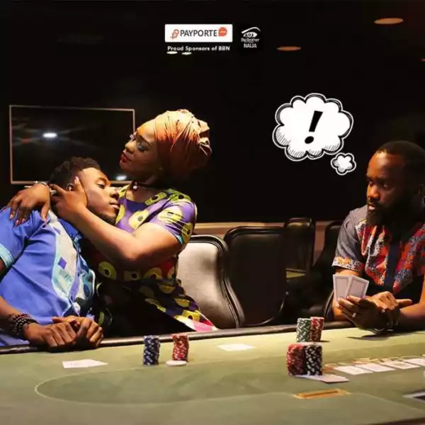 #BBNaija: Evicted Housemate Soma Pictured Resting His Head On Uriel’s Chest As Noble Igwe Stares In New Payporte Promo Photos